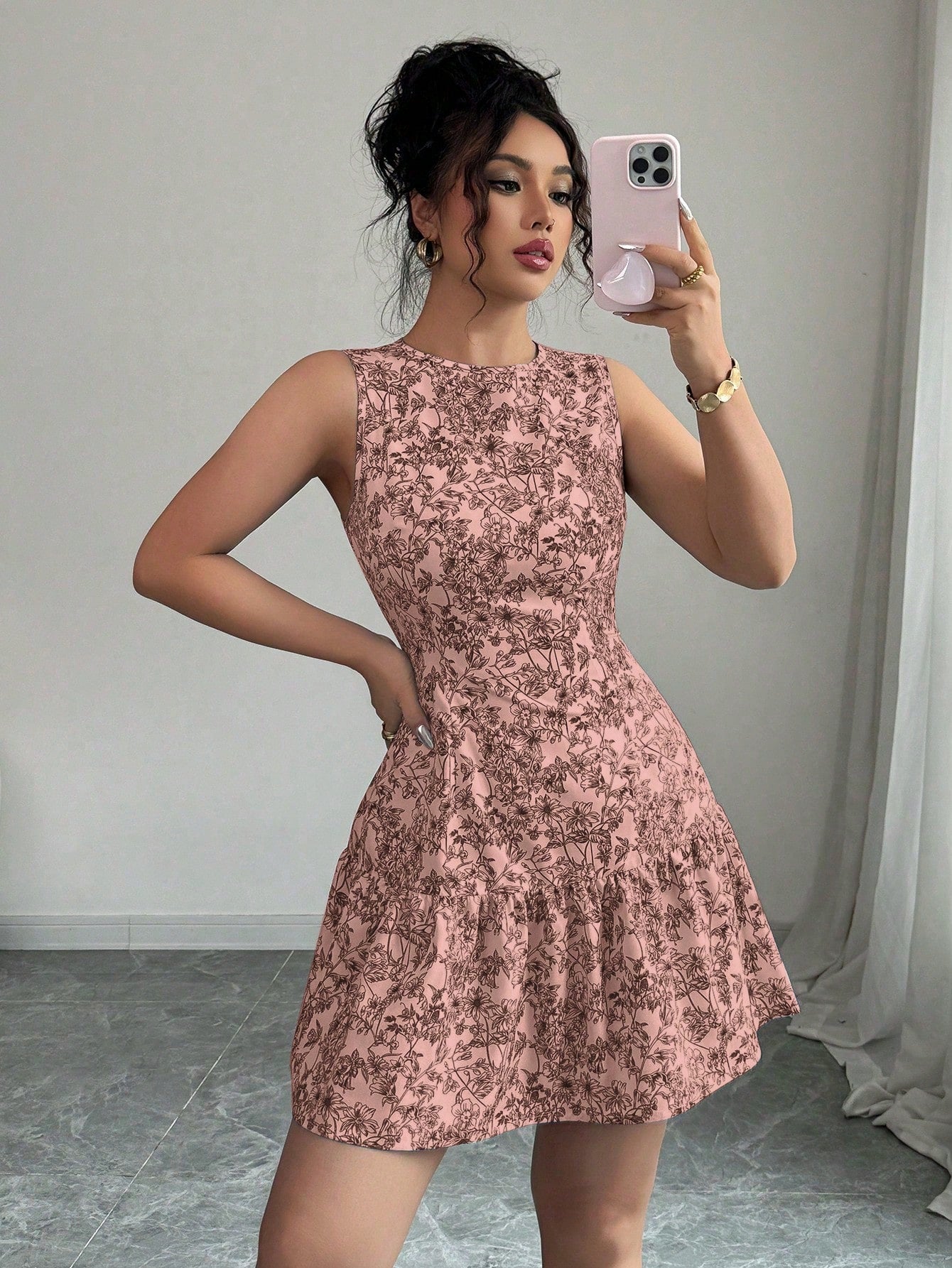 Women’s Woven Fabric Mini Dress, Sleeveless Design with Ruched Waist, Floral Print, 1 Piece, For Daily Wear