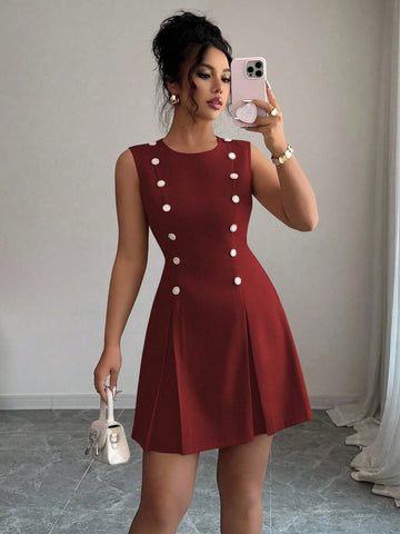 Women’s Woven Fabric Mini Skirt, Button Front Design, Tie Waist Detail, Decorative Buckle Accent, 1 Piece, For Daily Wear