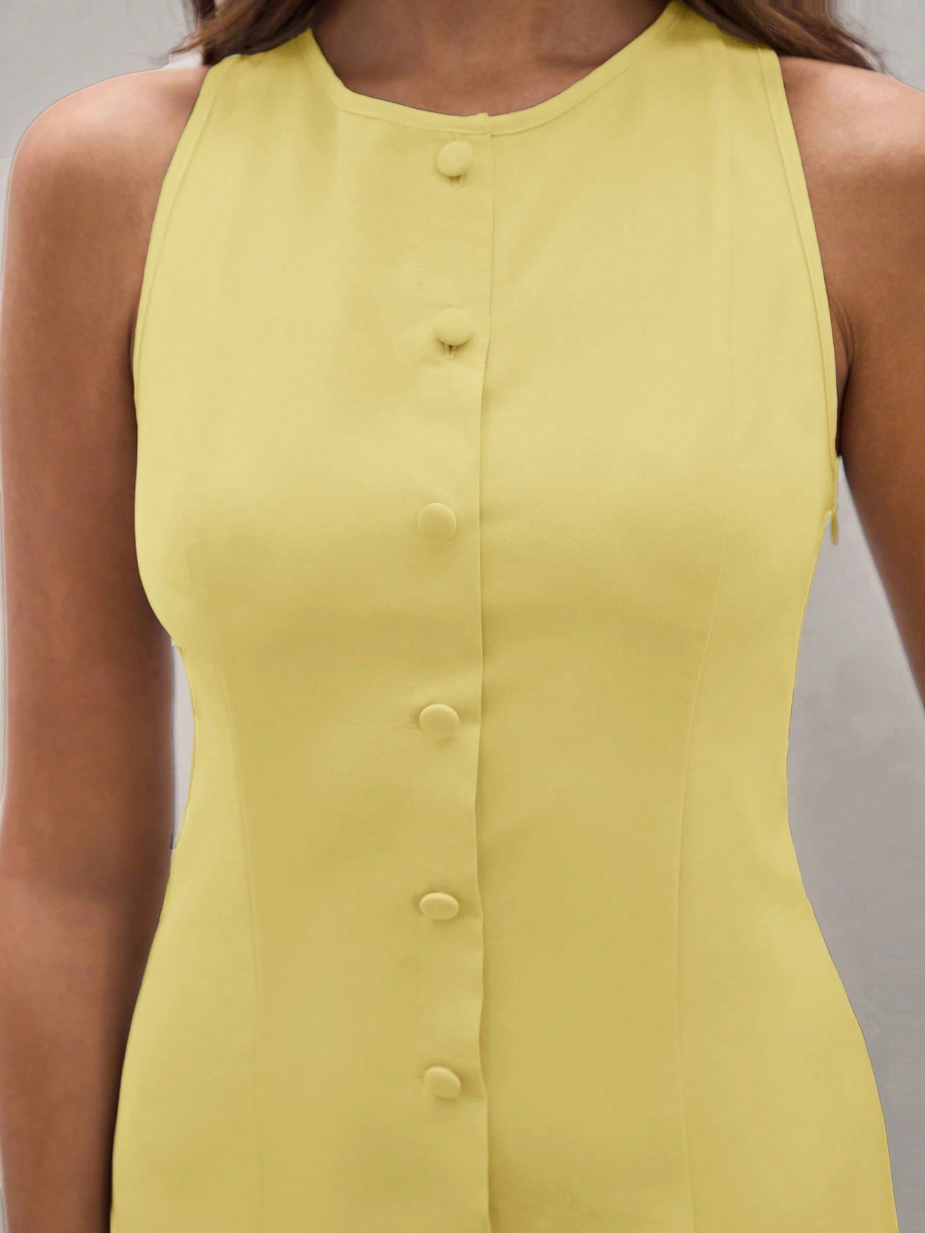 Women’s Woven Fabric Sleeveless Mini Dress, Round Neck Button Front Design, Solid Pattern, 1 Piece, For Summer Wear