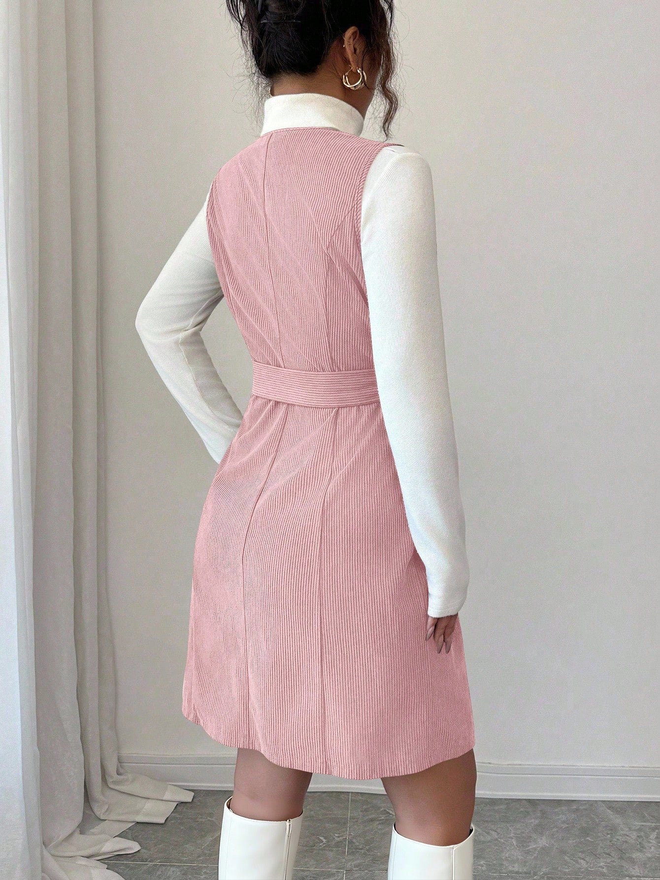 Women’s Textured Fabric Mini Dress, Sleeveless V-Neck Design with Button Detail, 1 Piece, For Daily Wear