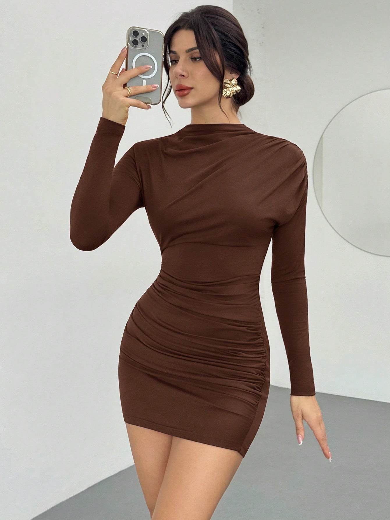Women’s Woven Fabric Mini Dress, Long Sleeve Design with Ruched Detail, Solid Pattern, 1 Piece, For Daily Wear