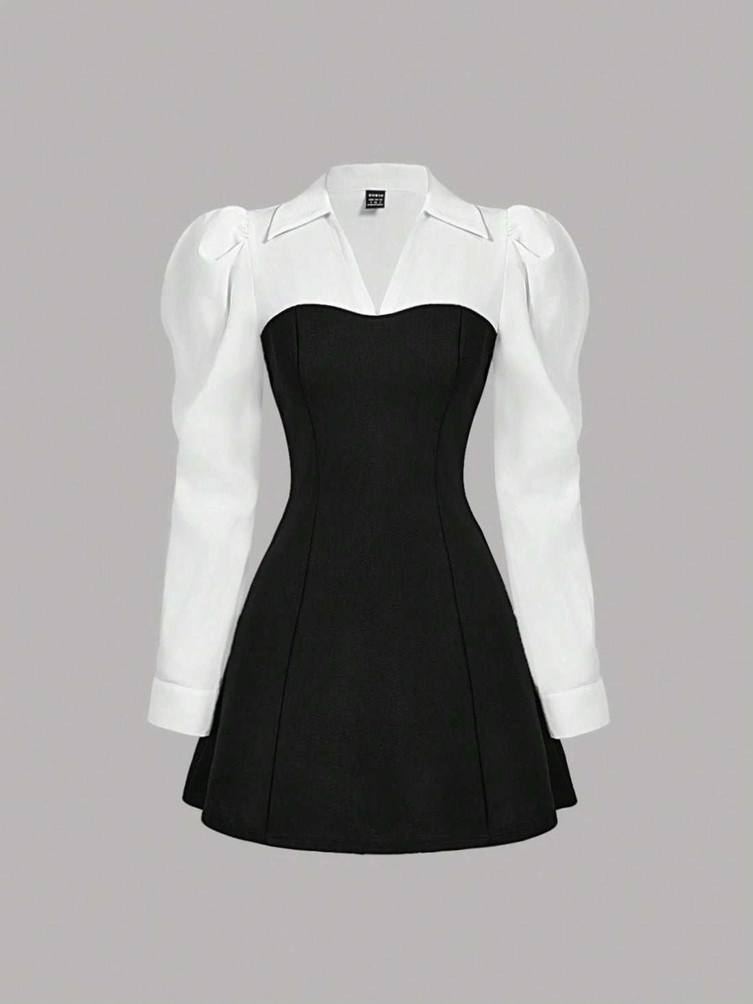 Black and Blue Color Block Shirt Dress with Puff Sleeves Short Length for Everyday Wear