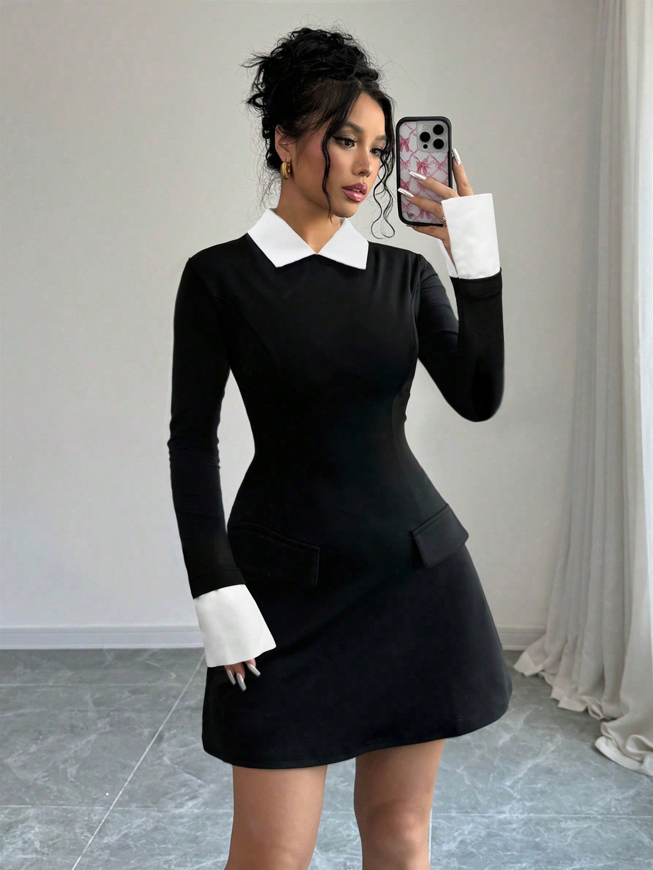 Women’s Woven Fabric Short Dress, Collared Long Sleeve Design with Cuff Detail and Faux Pocket, Color Block Pattern, 1 Piece, For Autumn Wear