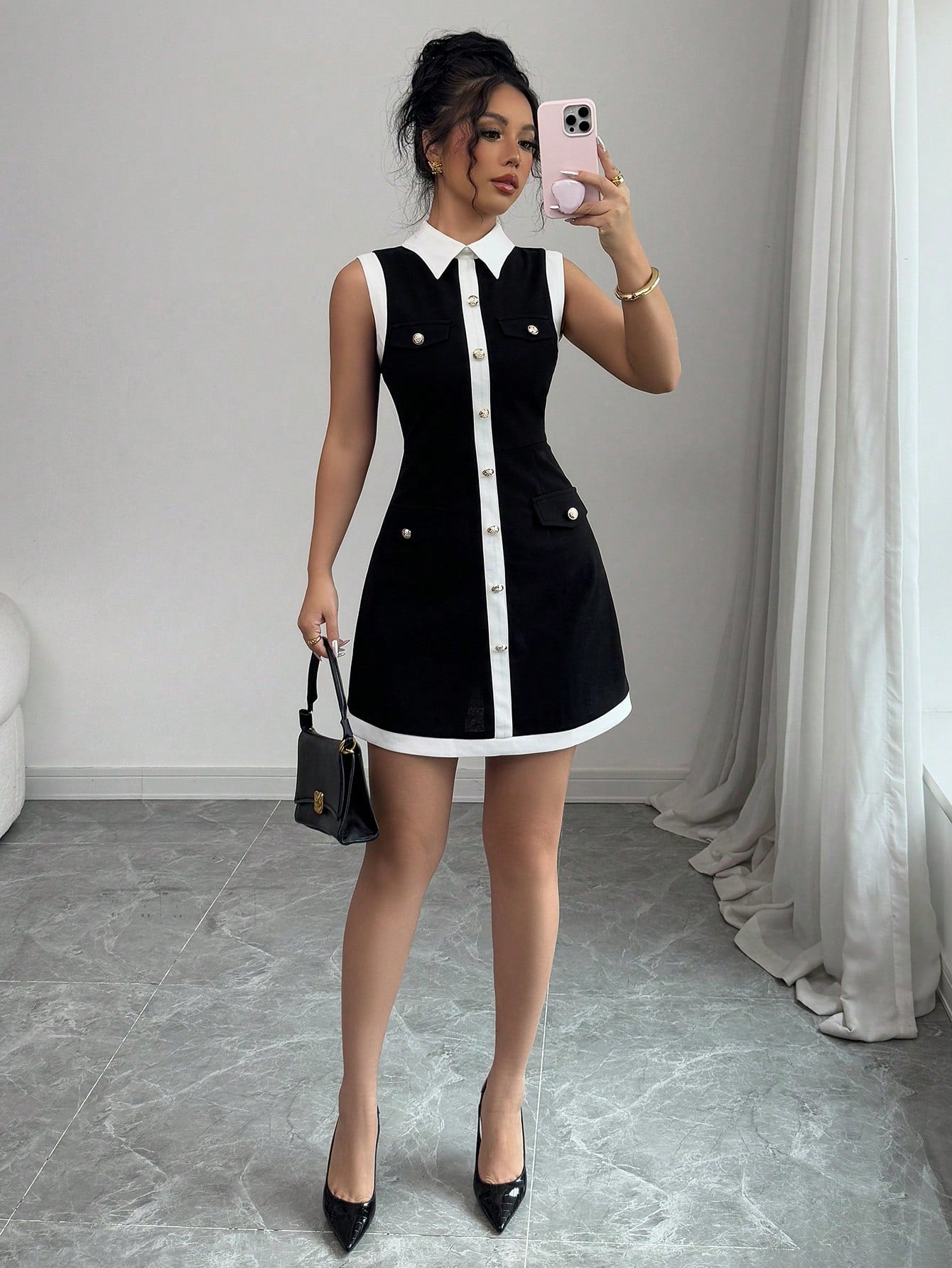 Women’s Woven Fabric Mini Dress, Collar Design with Button Decoration, 1 Piece, For Spring and Summer Wear