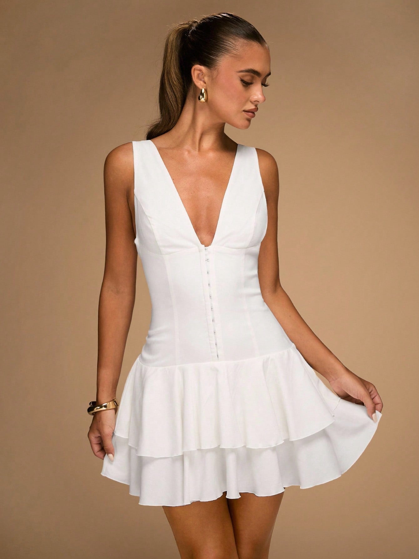 Deep V-Neck Backless Short Dress with Ruffled Hem for Party and Elegant Wear