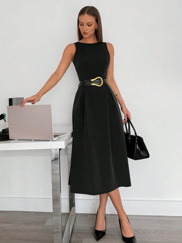 Women’s Woven Fabric Midi Dress, Sleeveless A-Line Design with Pocket Detail, 1 Piece, For Business Casual Wear