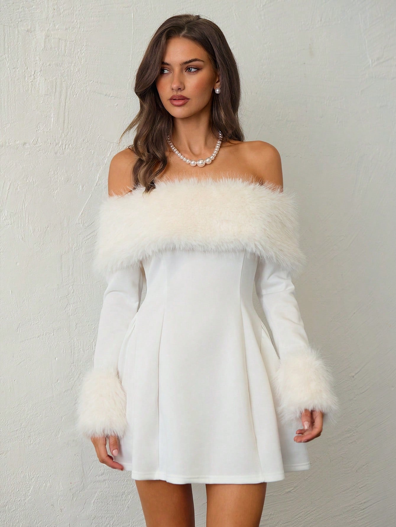 Off-Shoulder Faux Fur Patchwork A-Line Mini Dress for Parties, Gatherings, and Holiday Events