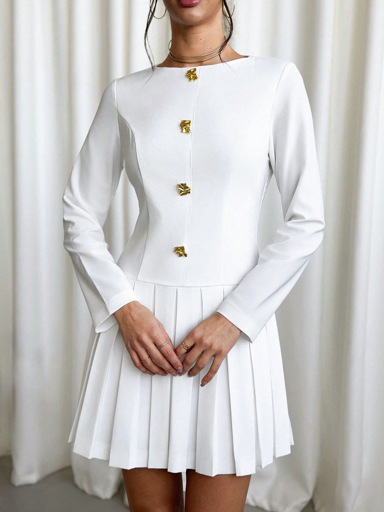 Women’s Woven Fabric A-Line Mini Dress, Long Sleeve Round Neck Design, Pleated Hem Detail, 1 Piece, For Work and Daily Wear