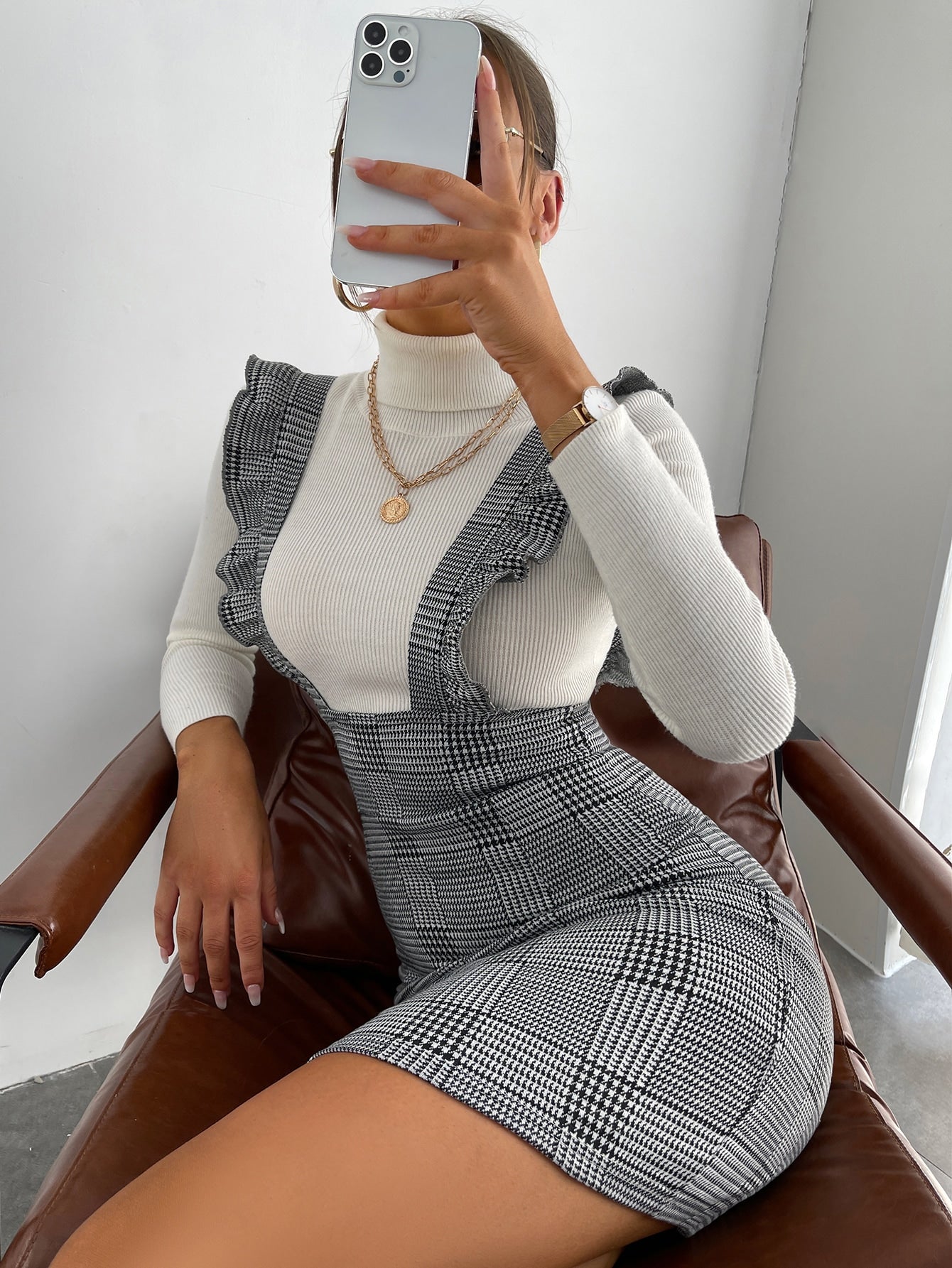 Women’s Woven Fabric Overall Dress, Sleeveless Design, Ruffle Trim Detail, Plaid Pattern, 1 Piece, For Casual Daily Wear