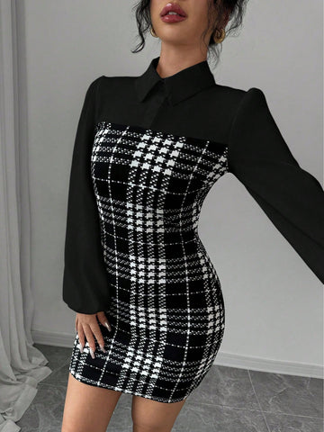Women’s Woven Fabric Long Sleeve Dress, Collared Patchwork Design, Lantern Sleeve Style, Houndstooth Pattern, 1 Piece, For Autumn and Winter Wear