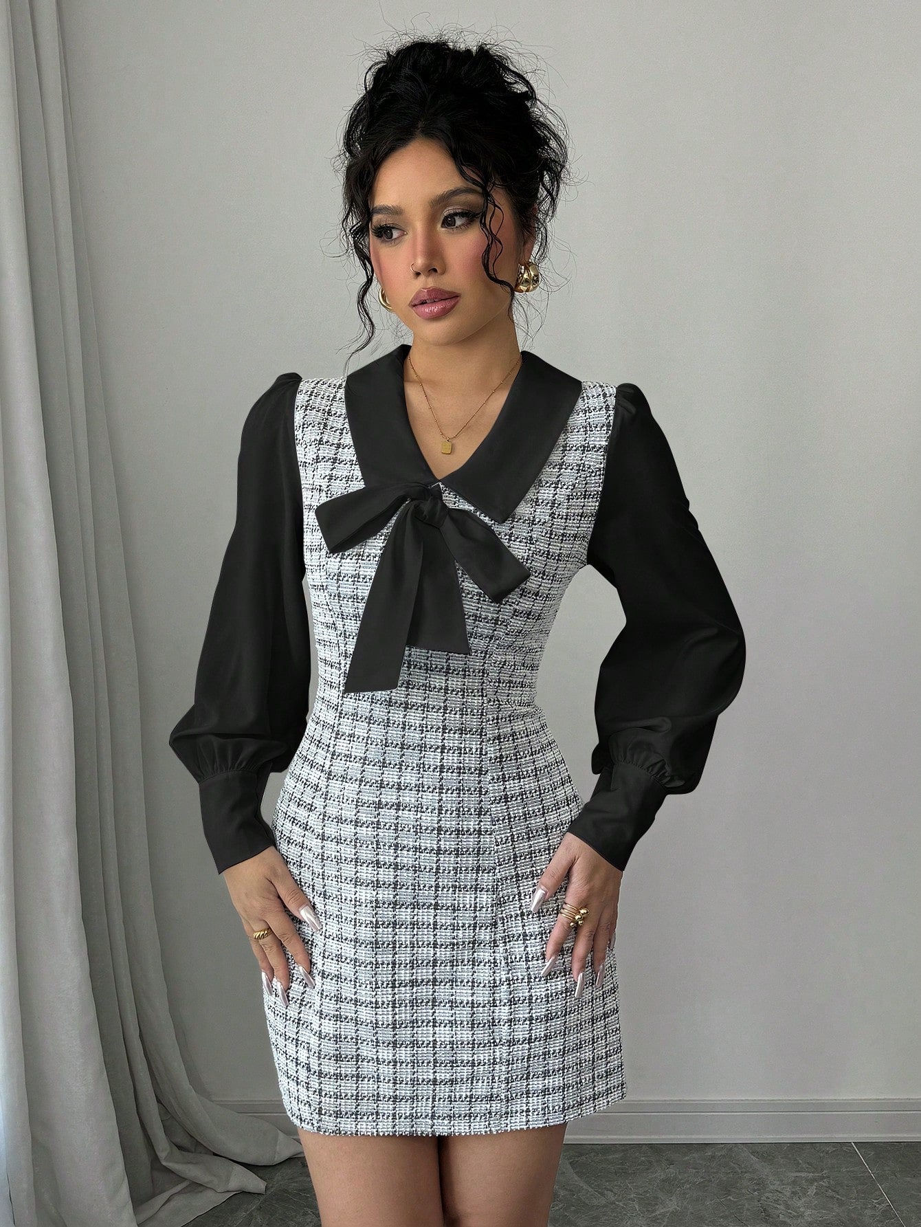 Women’s Woven Fabric Dress, Color Block Patchwork Design, Bow Detail, 2 In 1 Style, 1 Piece, For Autumn Wear