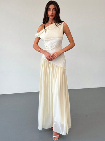 Off-Shoulder Contrast Color Mesh Floral Embroidered Asymmetric Hem Maxi Stretch Dress for Summer and Spring Occasions