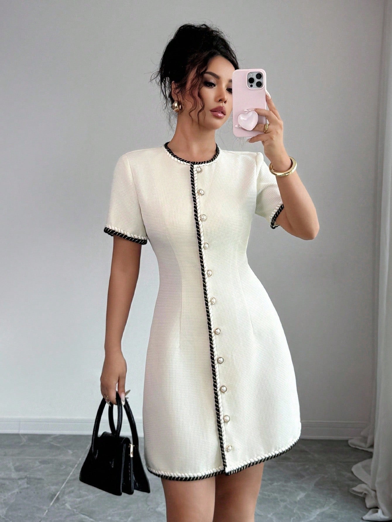 Women’s Woven Fabric Short Dress, Round Neck Design with Button Detail and Waist Trim, 1 Piece, For Spring and Summer Wear