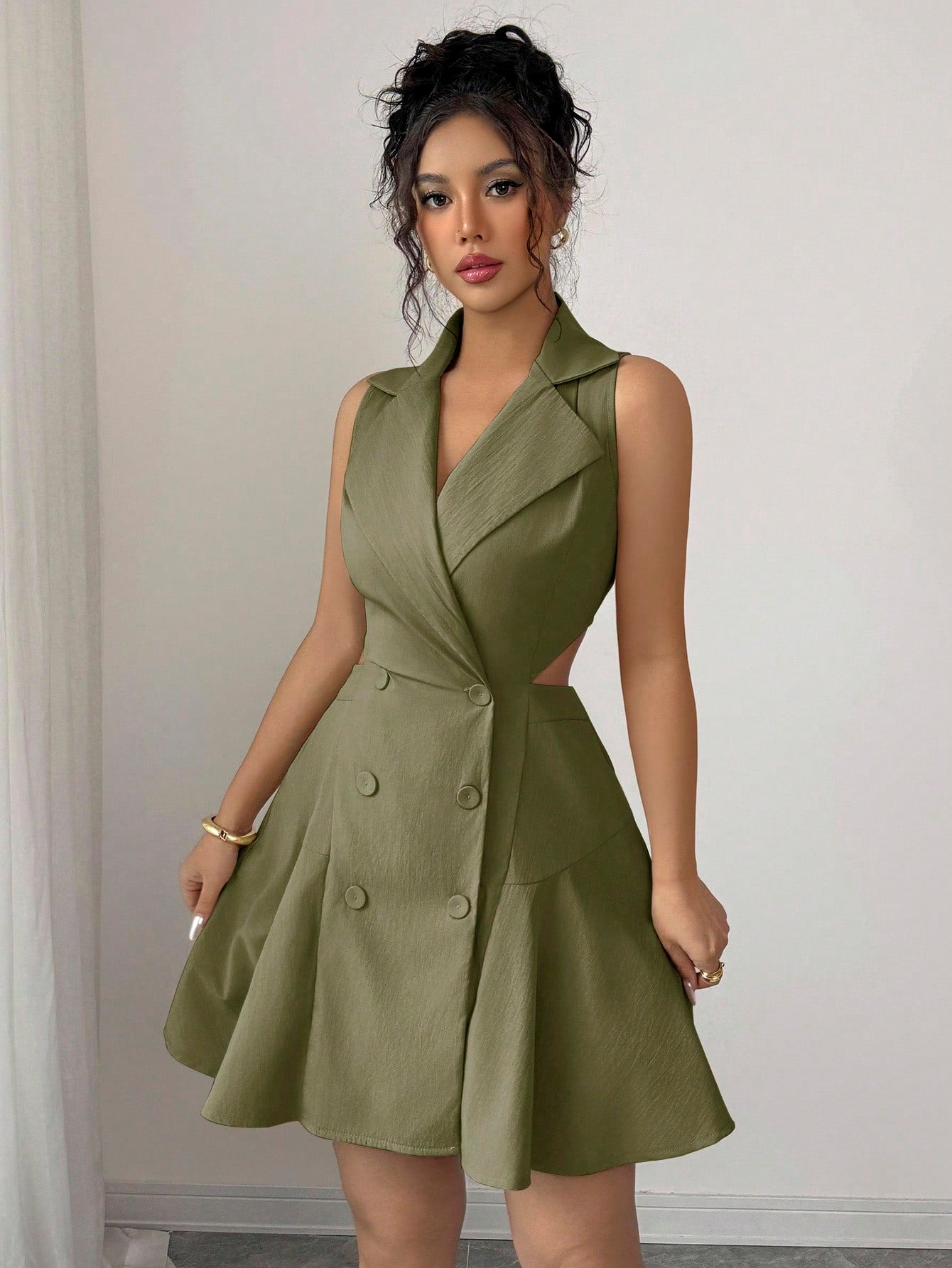 Women’s Woven Fabric Sleeveless Dress, Double Breasted Design, Solid Pattern, 1 Piece, For Commuting and Daily Wear