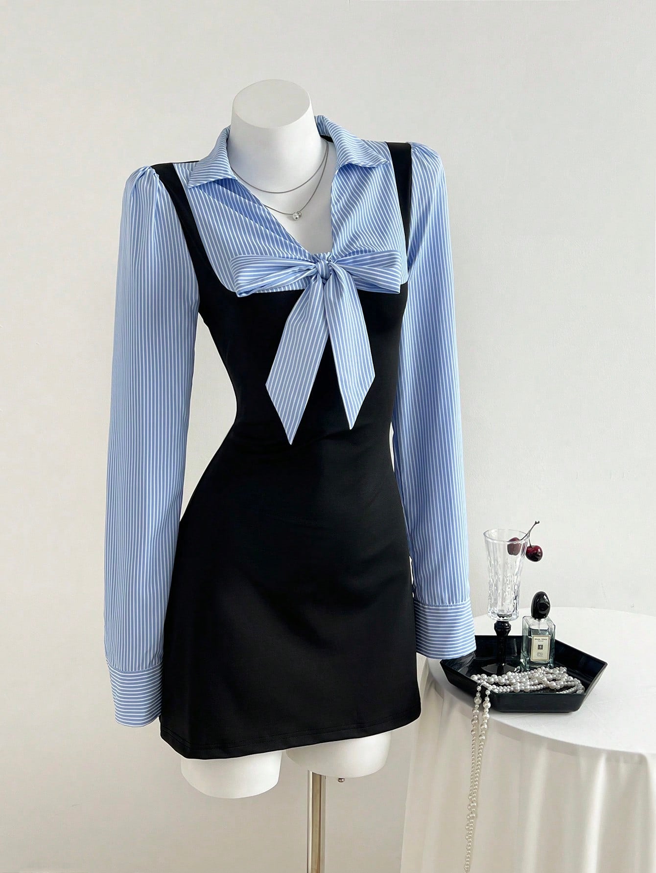 Women’s Woven Fabric Short Dress, Long Sleeve Design with Tie Detail, Color Block Striped Pattern, 1 Piece, For Autumn and Winter Wear