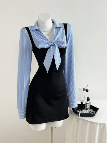 Women’s Woven Fabric Short Dress, Long Sleeve Design with Tie Detail, Color Block Striped Pattern, 1 Piece, For Autumn and Winter Wear