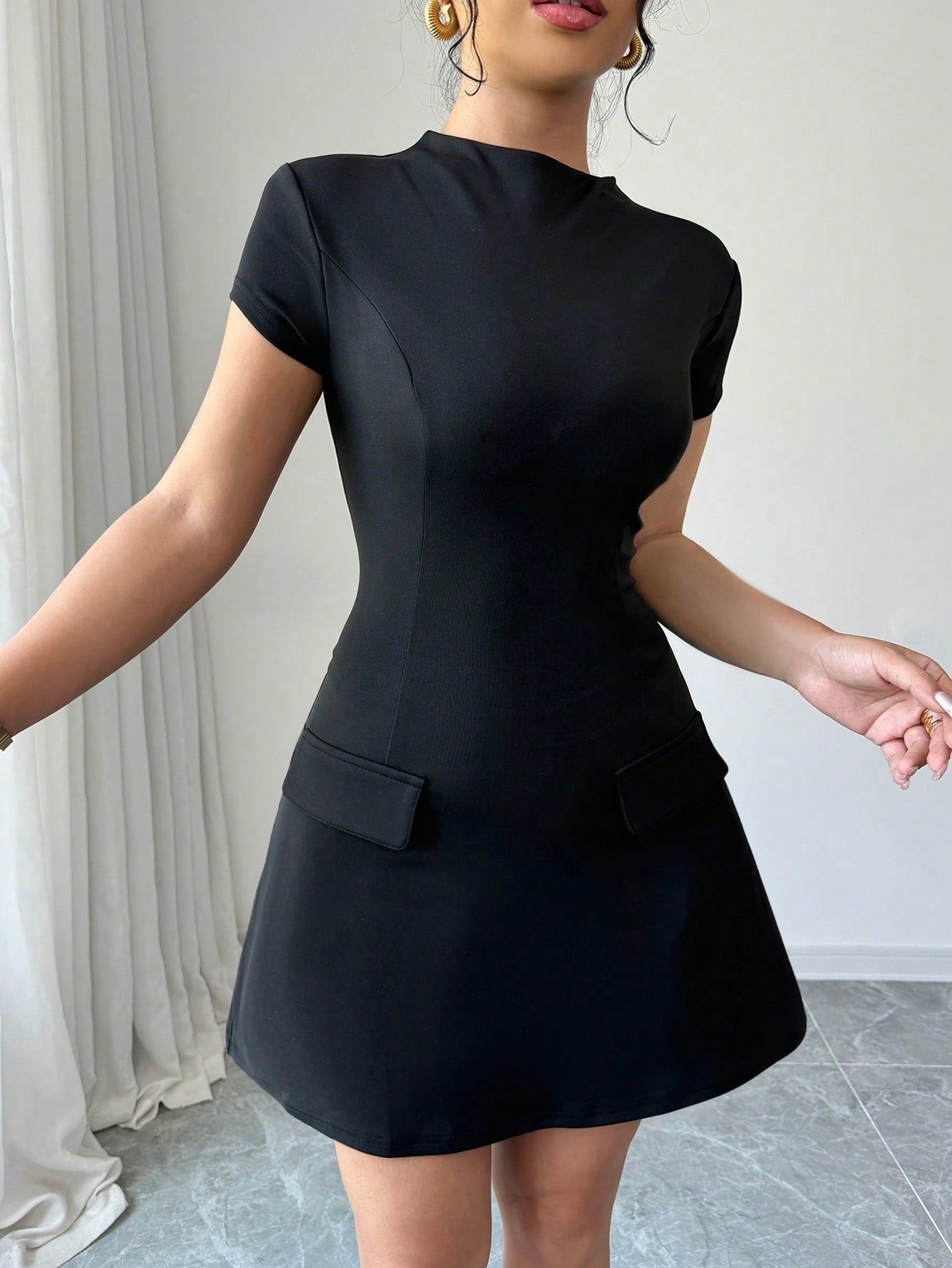 Black Stand Collar Dress with Cinched Waist Pocket Design Flap Detail and Back Zipper Short Length for Everyday Wear