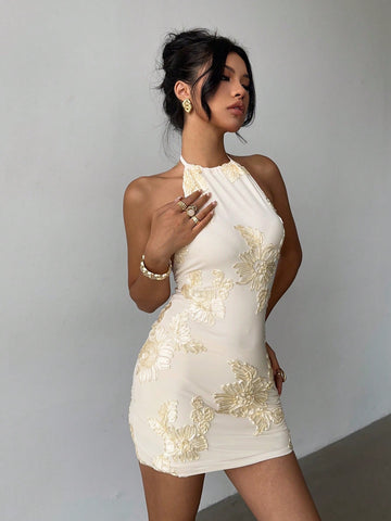Women’s Halter Neck Mini Dress with Floral Embroidery, Sleeveless Design, Suitable for Cocktail Parties and Formal Events