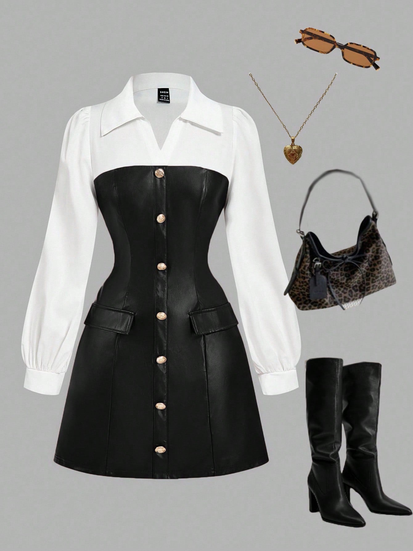 Military Green Patchwork Shirt Dress with PU Leather Detail Casual Design