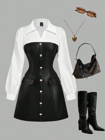 Military Green Patchwork Shirt Dress with PU Leather Detail Casual Design