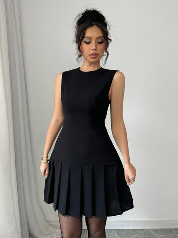 Women’s Woven Fabric Mini Dress, Pleated Design with Defined Waist Detail, 1 Piece, For Everyday Wear