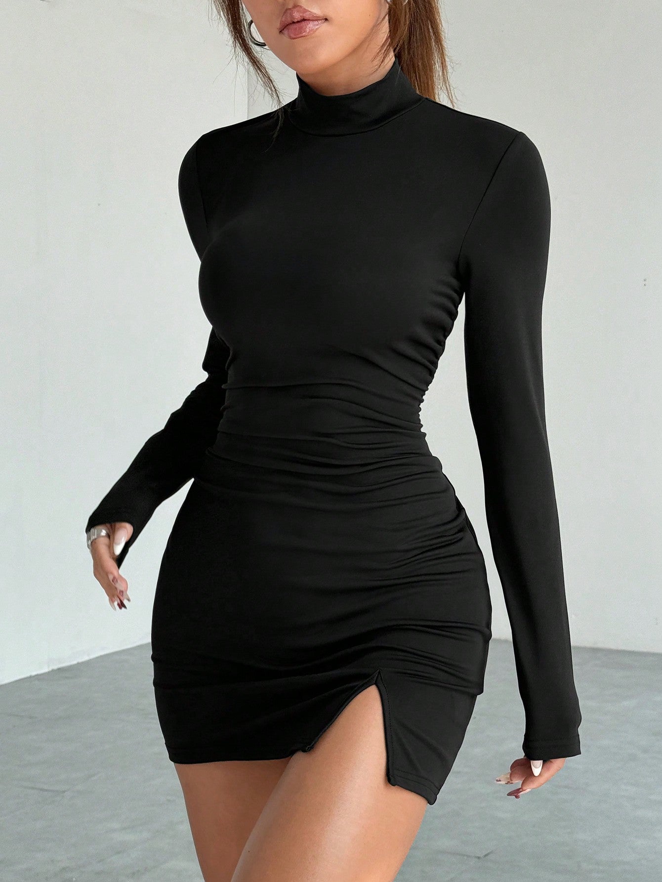 Solid Color Mini Dress Neutral Color Single Piece Long Sleeve Pleated Design For Daily Styling