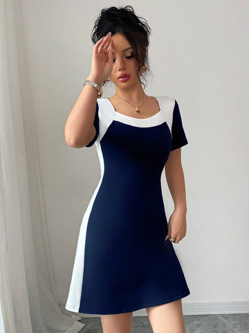 Women’s Woven Fabric Short Sleeve Dress, Square Neck Design, 1 Piece, For Spring and Summer Wear