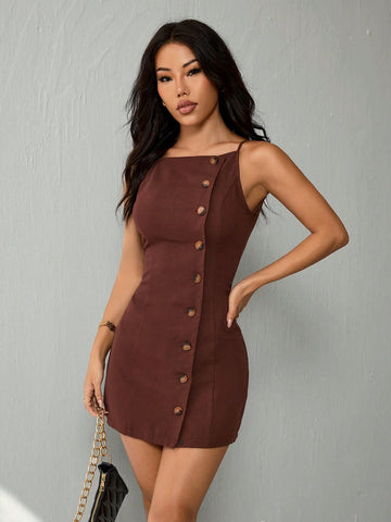 Women’s Woven Fabric Strap Mini Dress, Front Button Design, Solid Pattern, 1 Piece, For Casual and Daily Wear