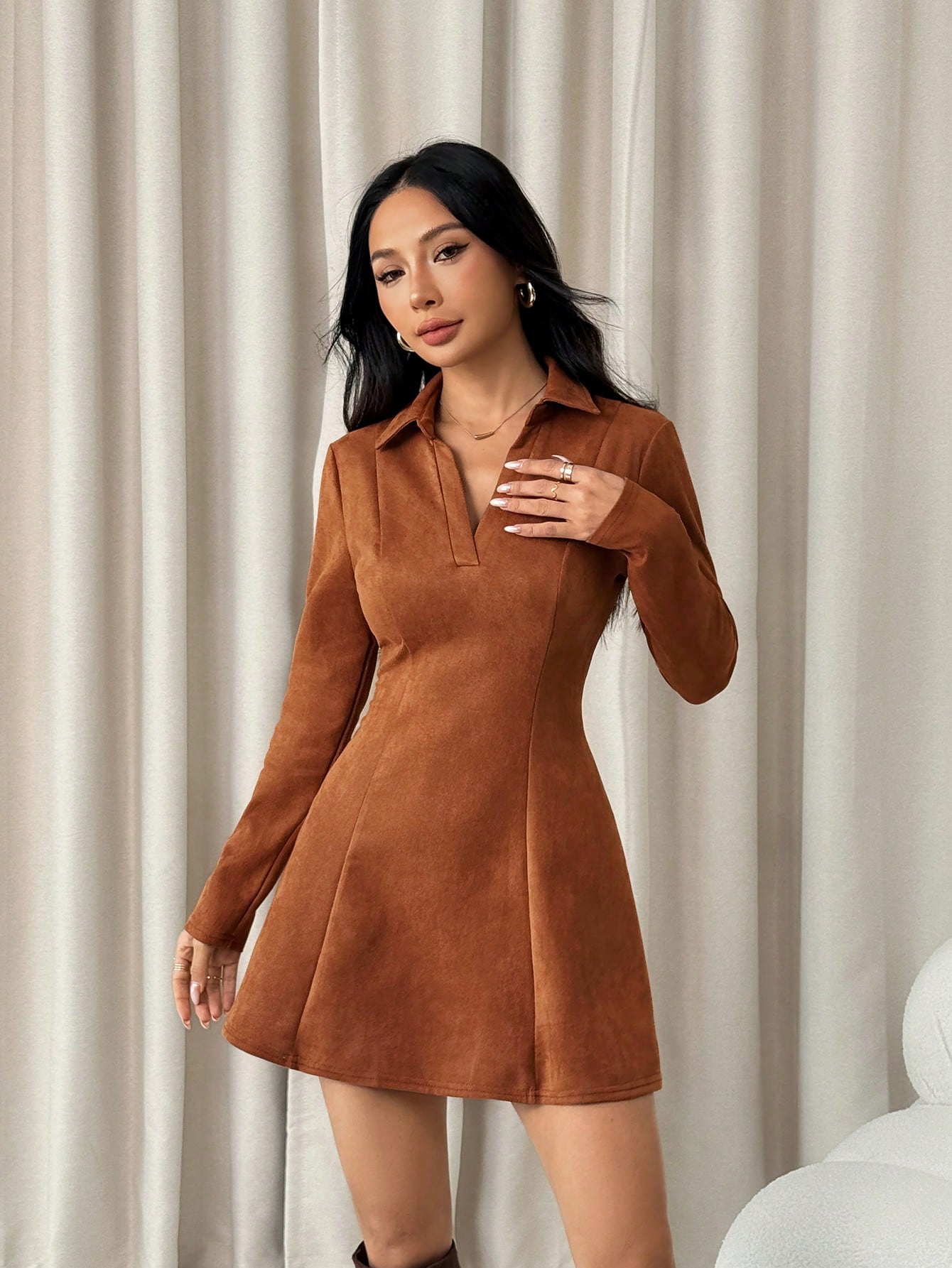 Women’s Suede-Style Fabric Short Dress, Long Sleeve Collared Design, A-Line Silhouette, 1 Piece, For Autumn Wear
