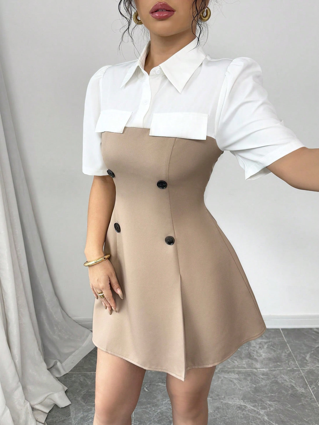 Women’s Woven Fabric Shirt-Style Dress, Short Sleeve Button Front Design, Color Block Detail, 2 In 1 Style, 1 Piece, For Daily Wear