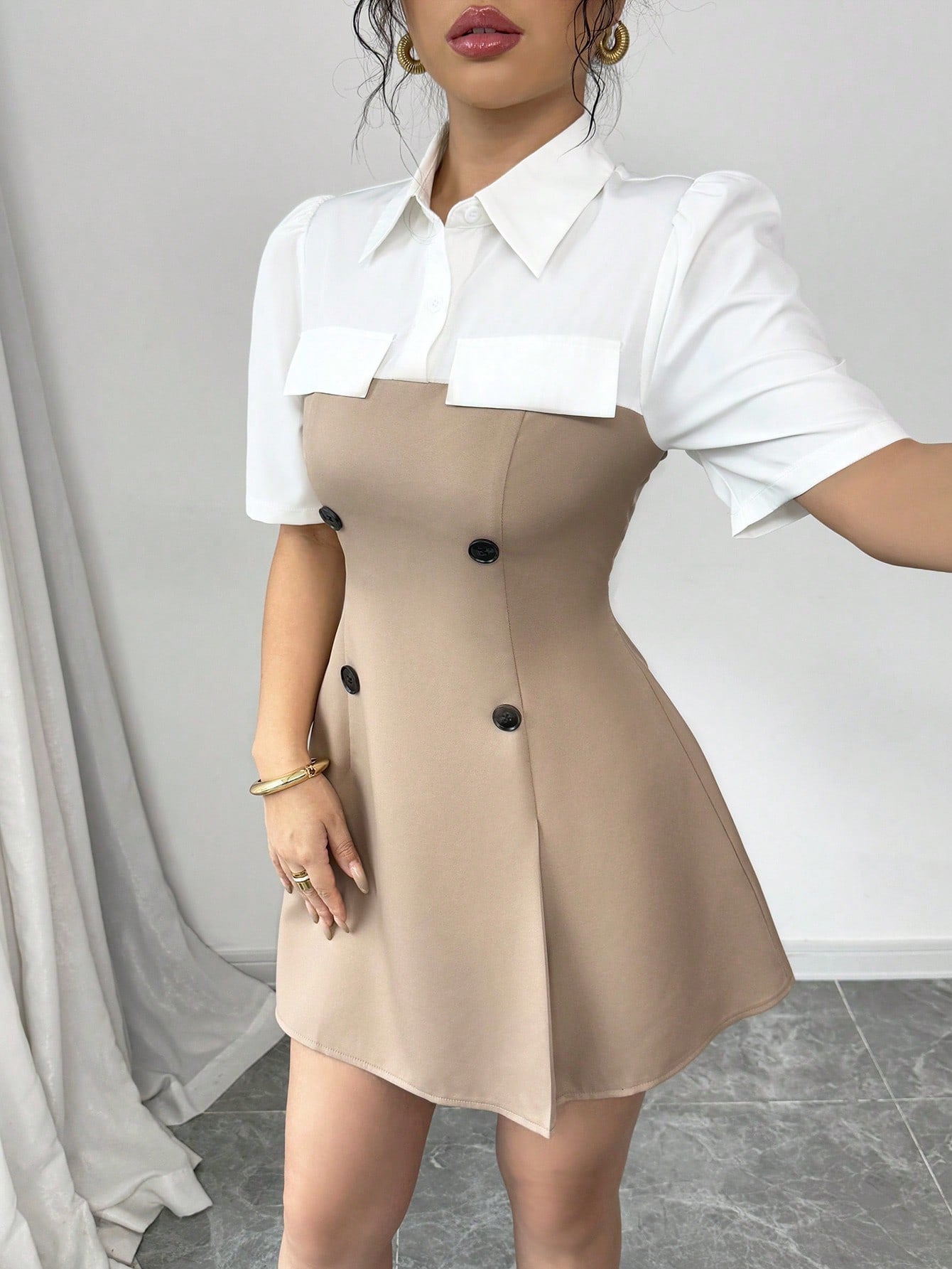 Women’s Woven Fabric Shirt-Style Dress, Short Sleeve Button Front Design, Color Block Detail, 2 In 1 Style, 1 Piece, For Daily Wear