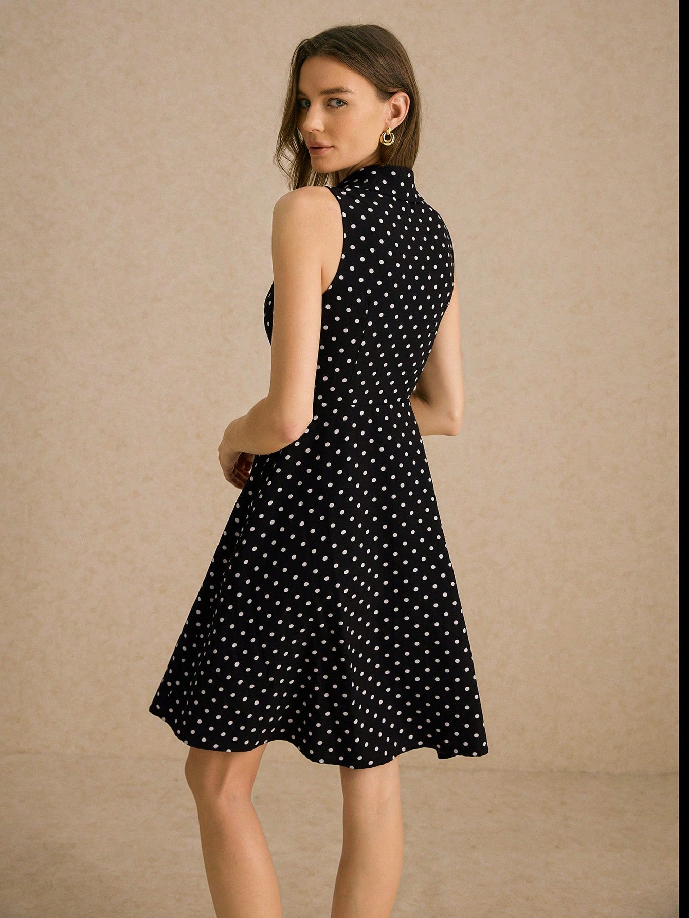 Women’s Woven Fabric Shirt-Style Mini Dress, Sleeveless Button Front Design, Polka Dot Pattern, 1 Piece, For Commuting and Daily Wear