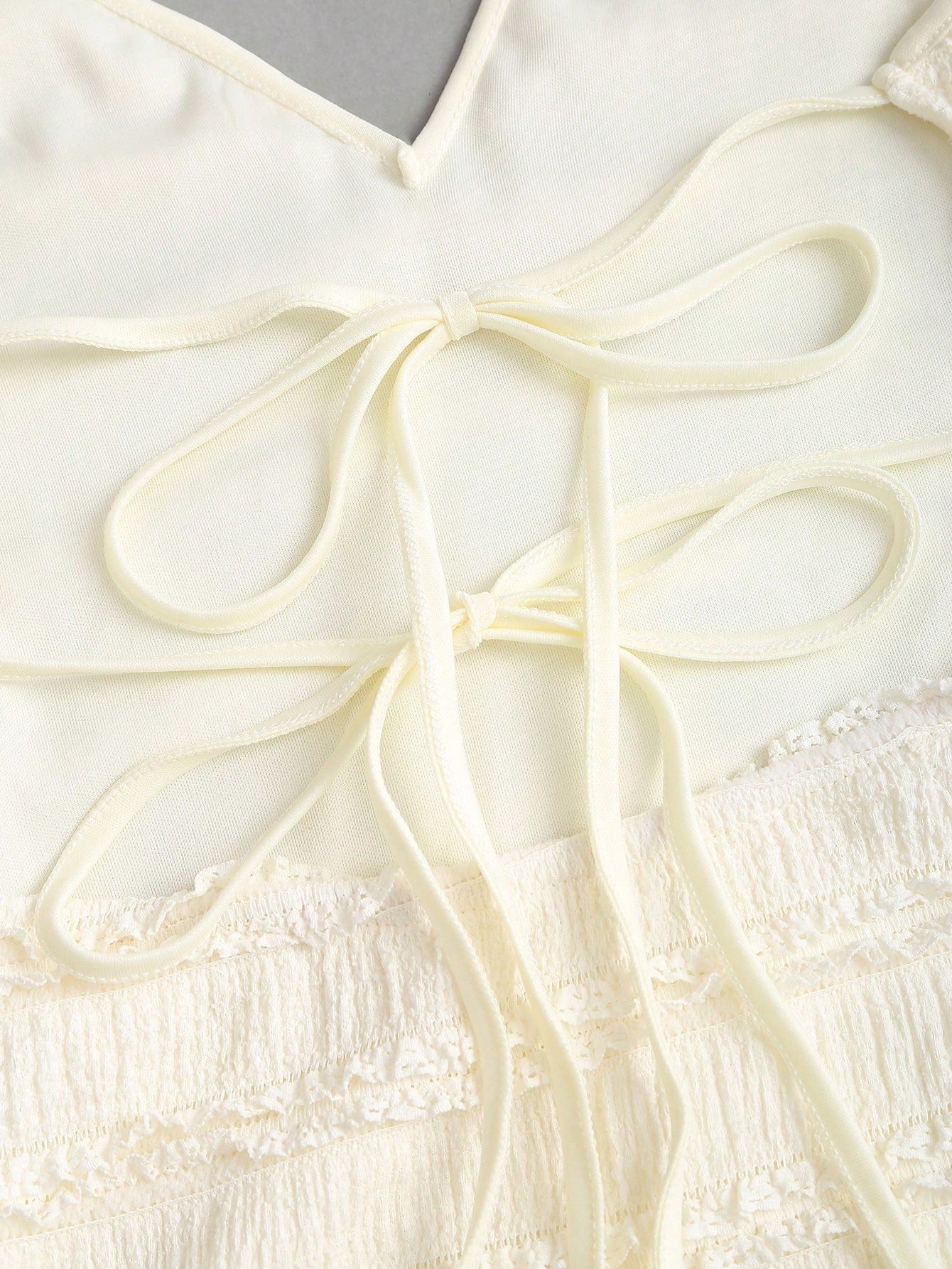 Textured Knit Mini Dress Neutral Color Single Piece Frill Trim Tie Detail Design For Casual Wear