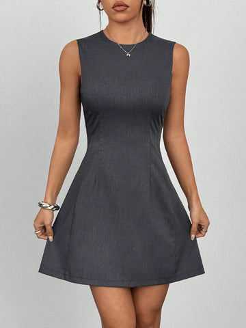 Women’s Woven Fabric Sleeveless Short Dress, Round Neck Design, Simple Silhouette, 1 Piece, For Commuting and Daily Wear
