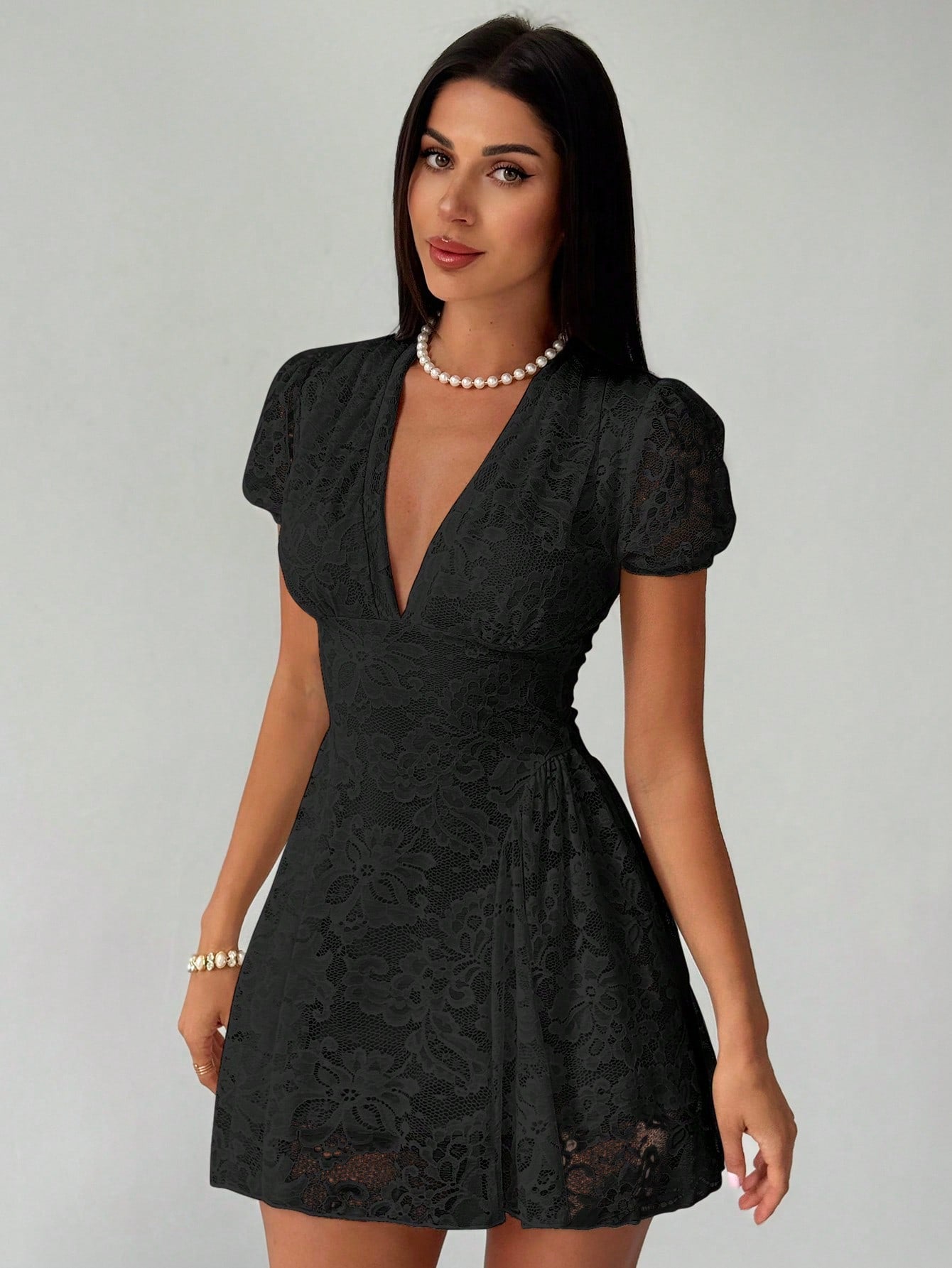 Women’s Woven Fabric Mini Dress, V-Neck Design with Puff Sleeve and Lace Detail, 1 Piece, For Spring and Summer Wear