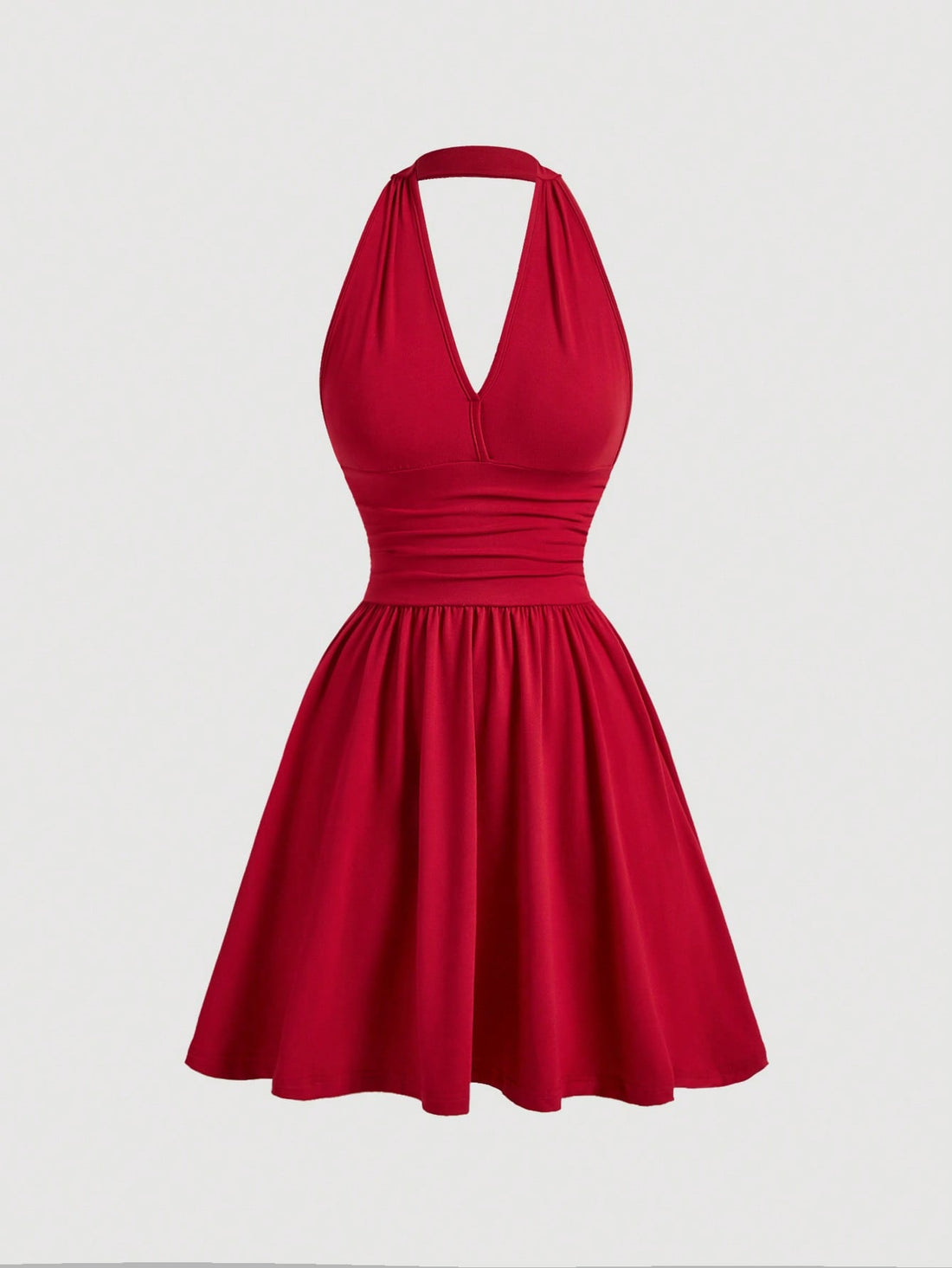 Solid Color Dress Neutral Color Single Piece Halter Top V Neck Design Waist Detail For Casual Wear