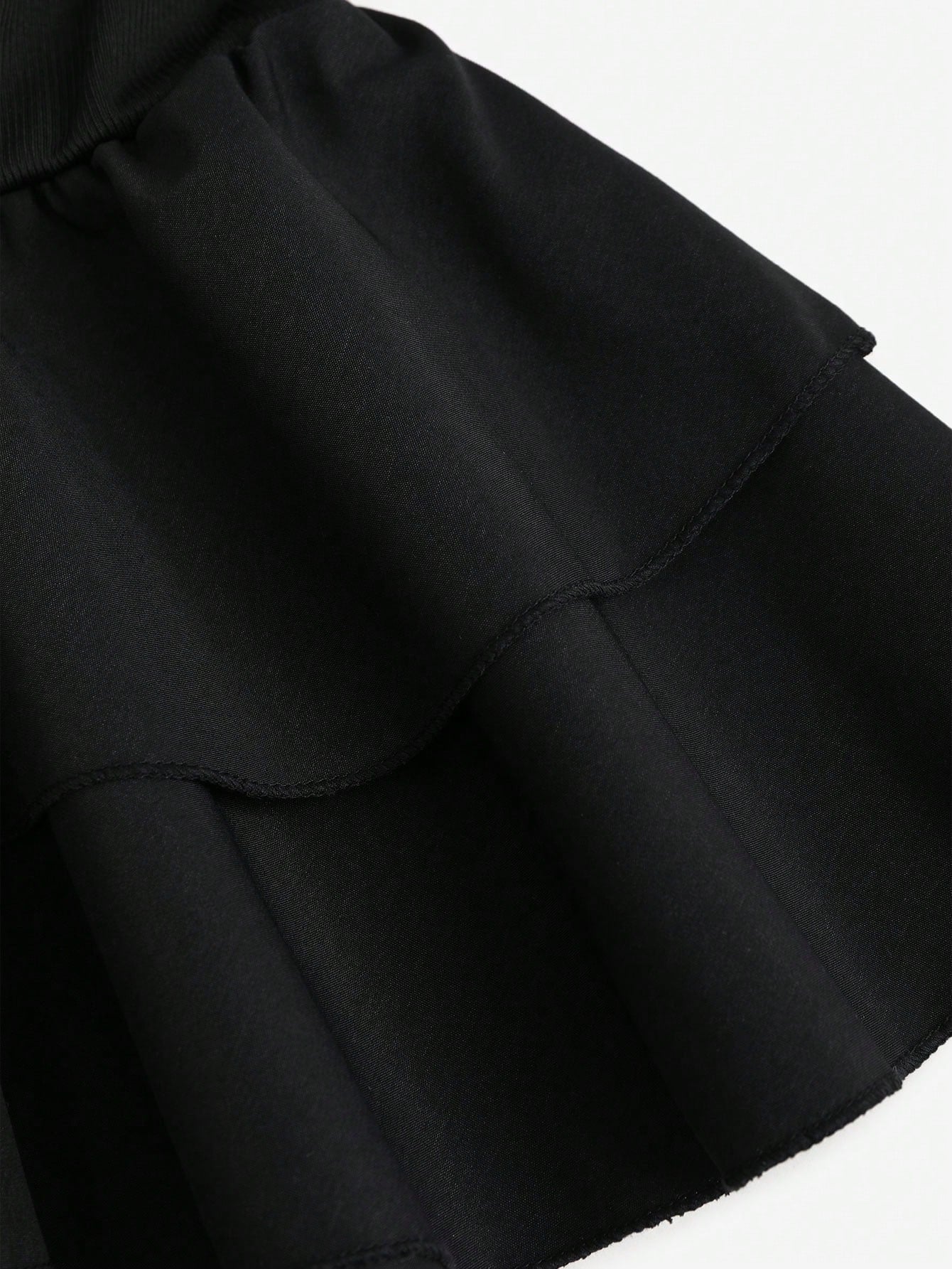 Patchwork Knit and Woven Mini Dress Black Color Single Piece V Neck Ruffle Detail Design For Casual Wear