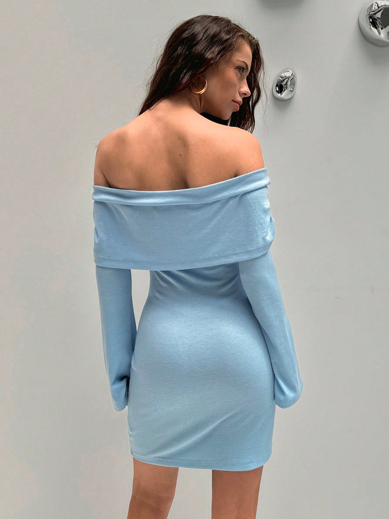 Ruched Off-Shoulder Flared Sleeve Fitted Long Sleeve Dress in Blue for Fall and Winter Occasions