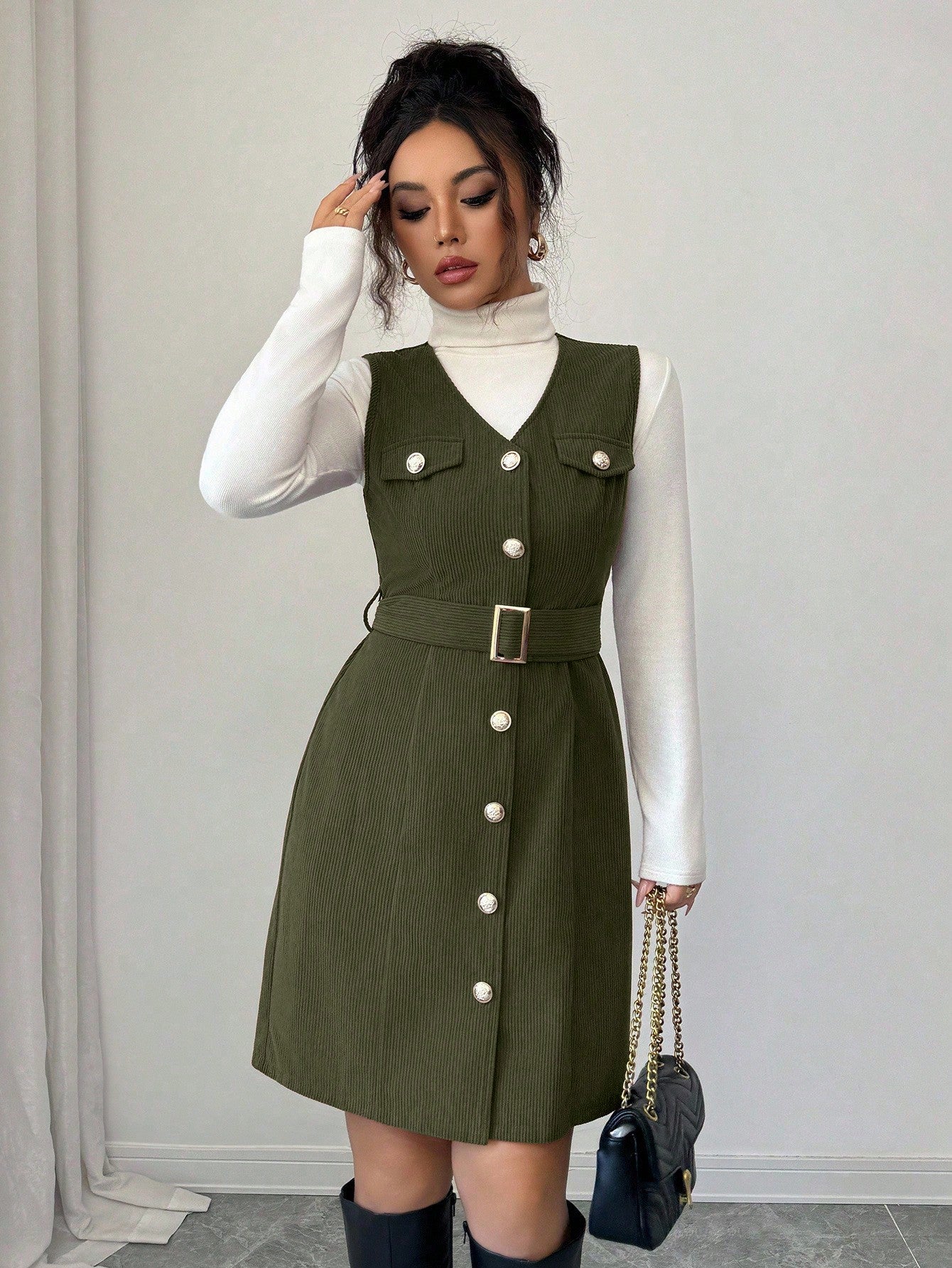 Women’s Textured Fabric Mini Dress, Sleeveless V-Neck Design with Button Detail, 1 Piece, For Daily Wear