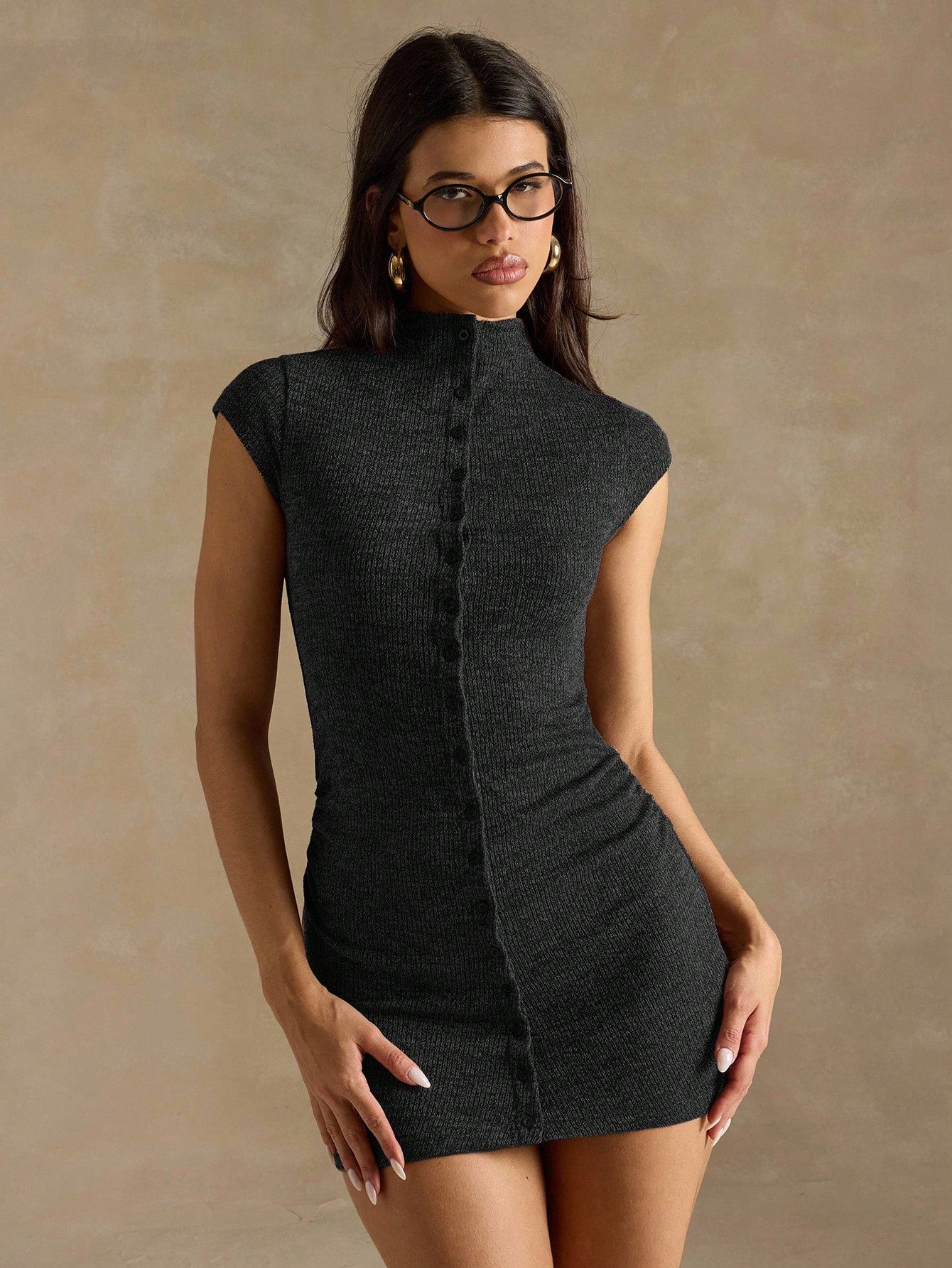 Women’s Woven Fabric Mini Dress, Front Button Design, Simple Silhouette, 1 Piece, For Commuting and Daily Wear