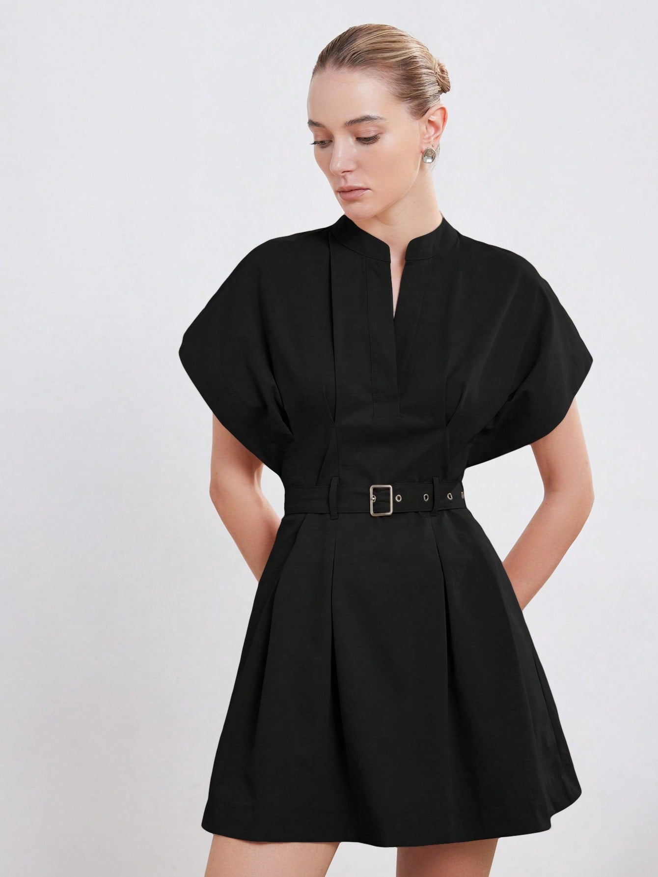 Women’s Woven Fabric A-Line Dress, Stand Collar Round Neck Design, Cap Sleeve Style with Ruched Detail and Belt, 1 Piece, For Commuting and Daily Wear