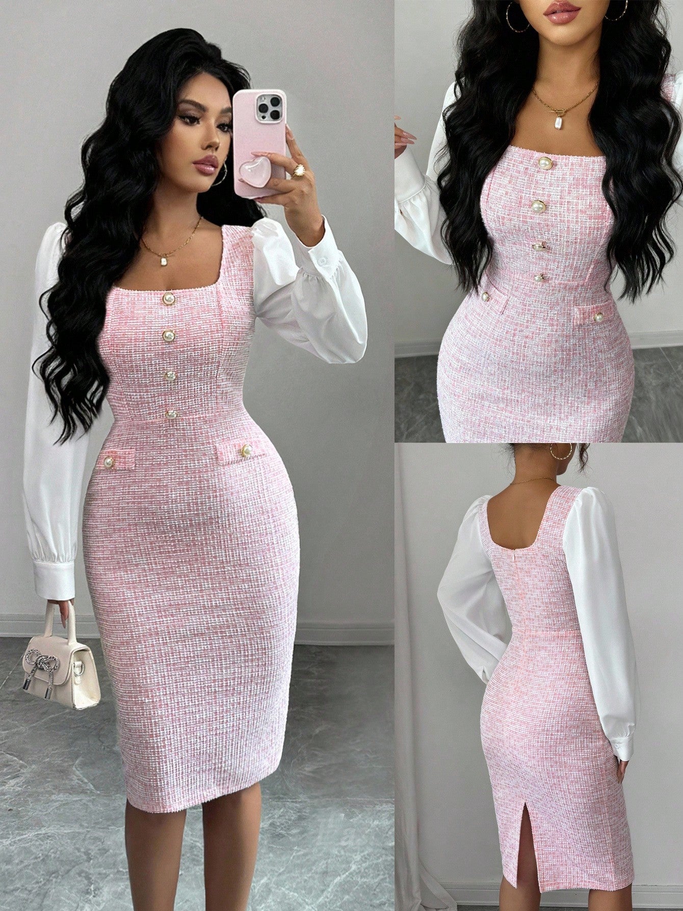Pink Patchwork Long Sleeve Midi Dress with Clean Seam Design for Everyday Wear
