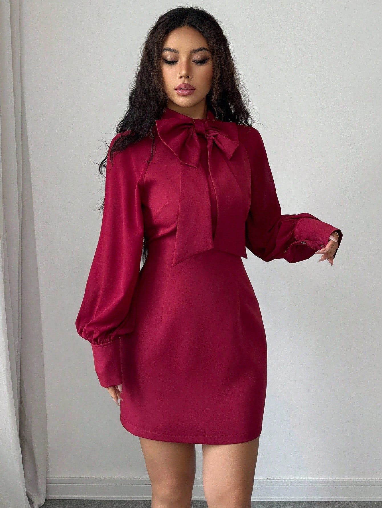 Bow Knot Collar Lantern Sleeve Mini Dress with Clean Structured Design for Everyday Wear