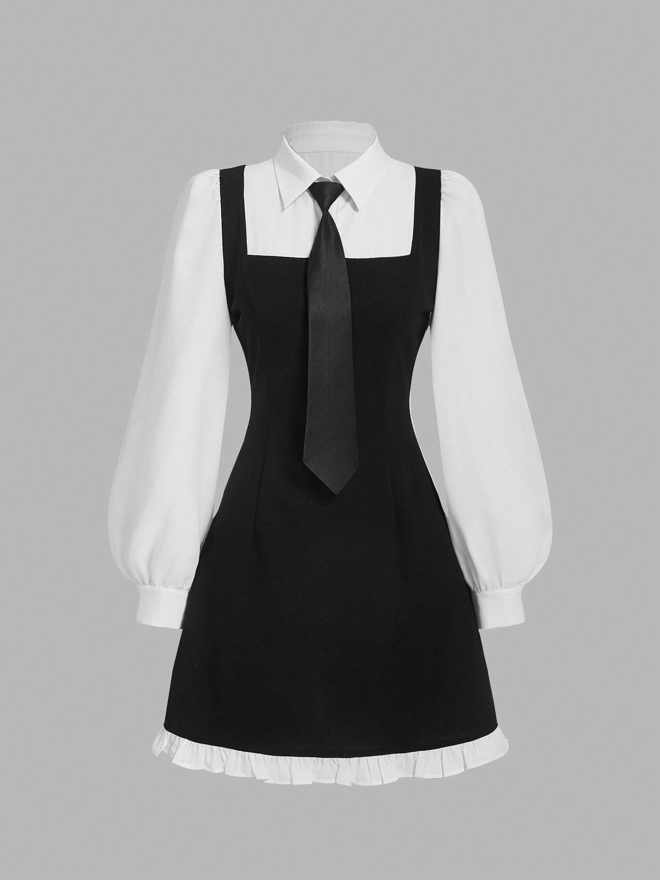 Women’s Woven Fabric A-Line Dress, Long Sleeve Collared Design, Color Block Detail with Tie Accent, 1 Piece, For Work and Daily Wear