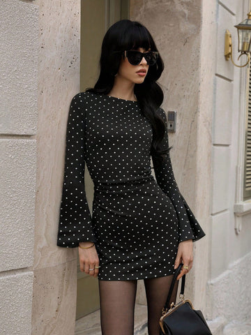 Polka Dot Pattern Mini Dress Black and White Color Single Piece Round Neck Flared Sleeve Design For Daily Styling