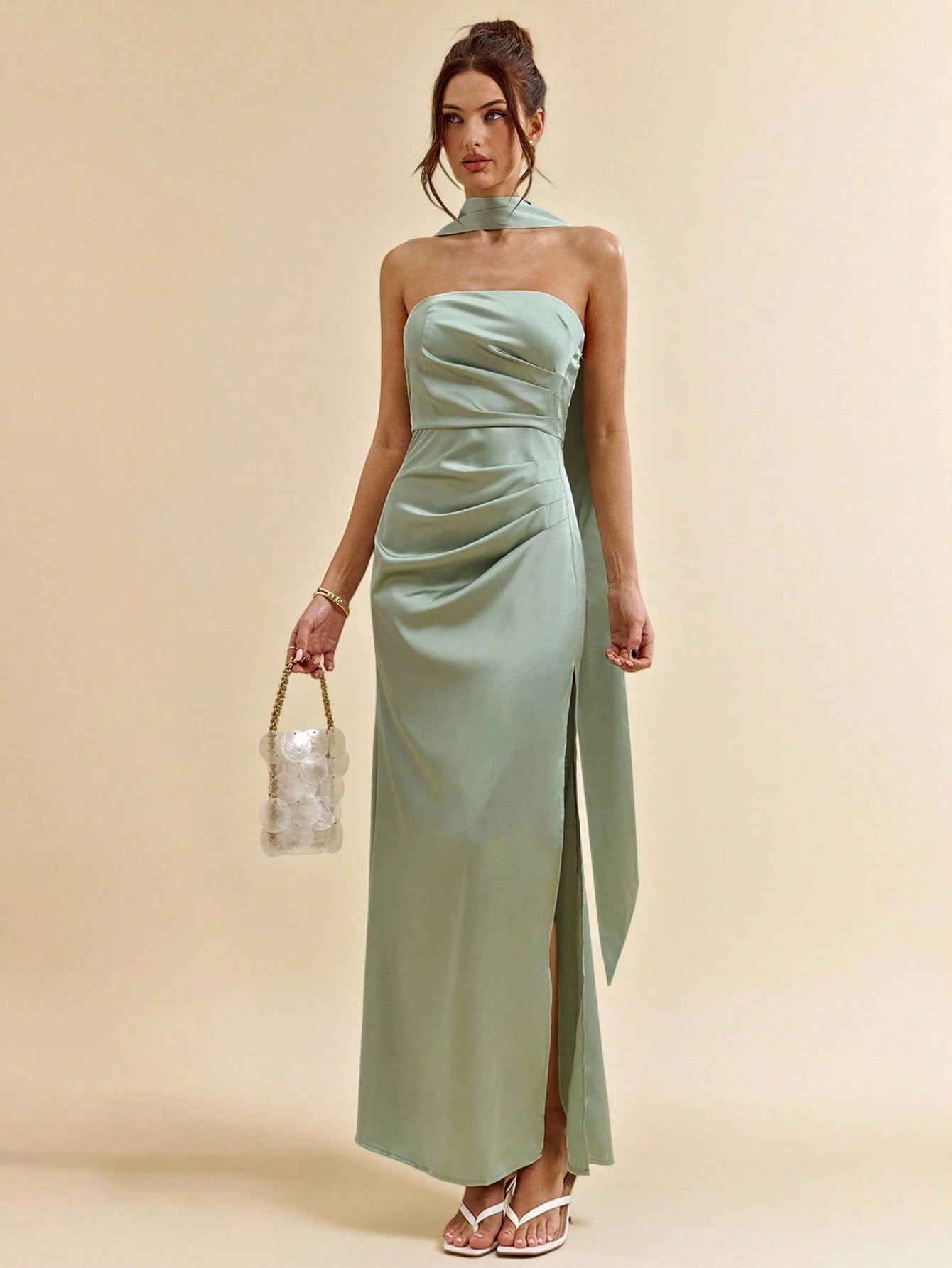 Green Halter Ribbon Backless High Slit Satin Mermaid Dress for Weddings and Special Events