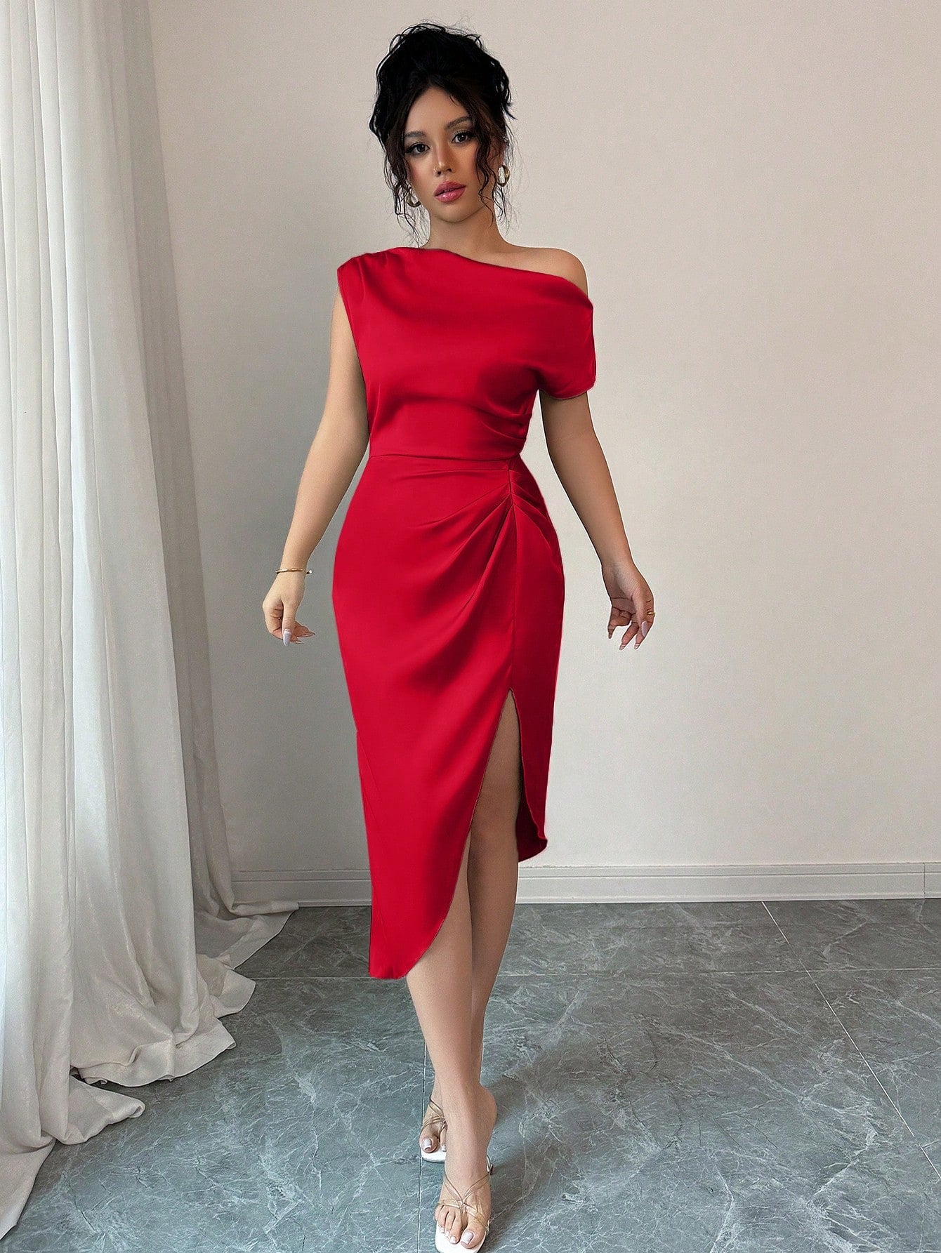 Asymmetric Neckline Ruched Satin Dress for Dates, Birthday Parties, Weddings, and Homecoming Events