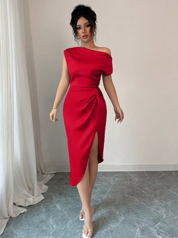 Asymmetric Neckline Ruched Satin Dress for Dates, Birthday Parties, Weddings, and Homecoming Events