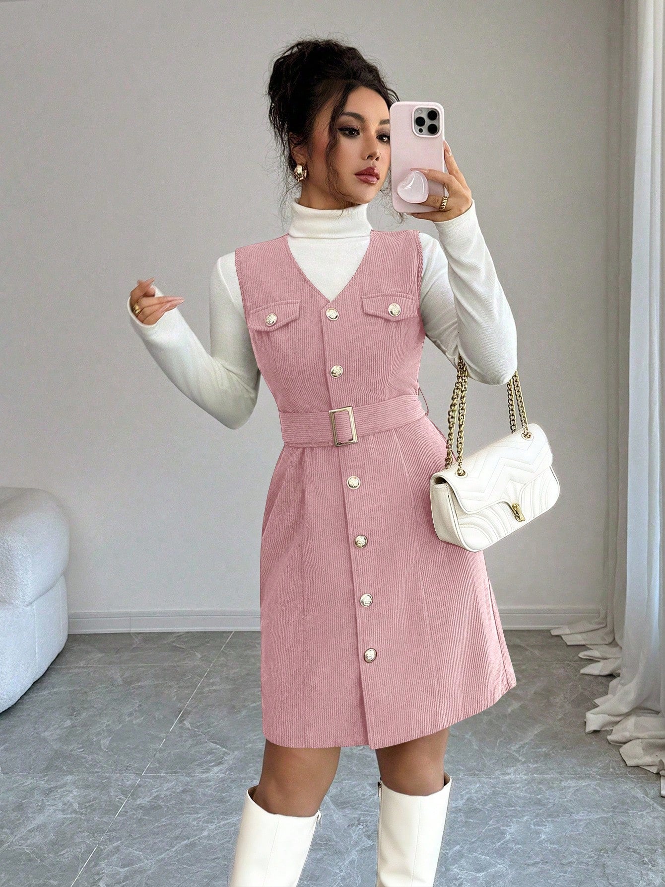 Women’s Textured Fabric Mini Dress, Sleeveless V-Neck Design with Button Detail, 1 Piece, For Daily Wear