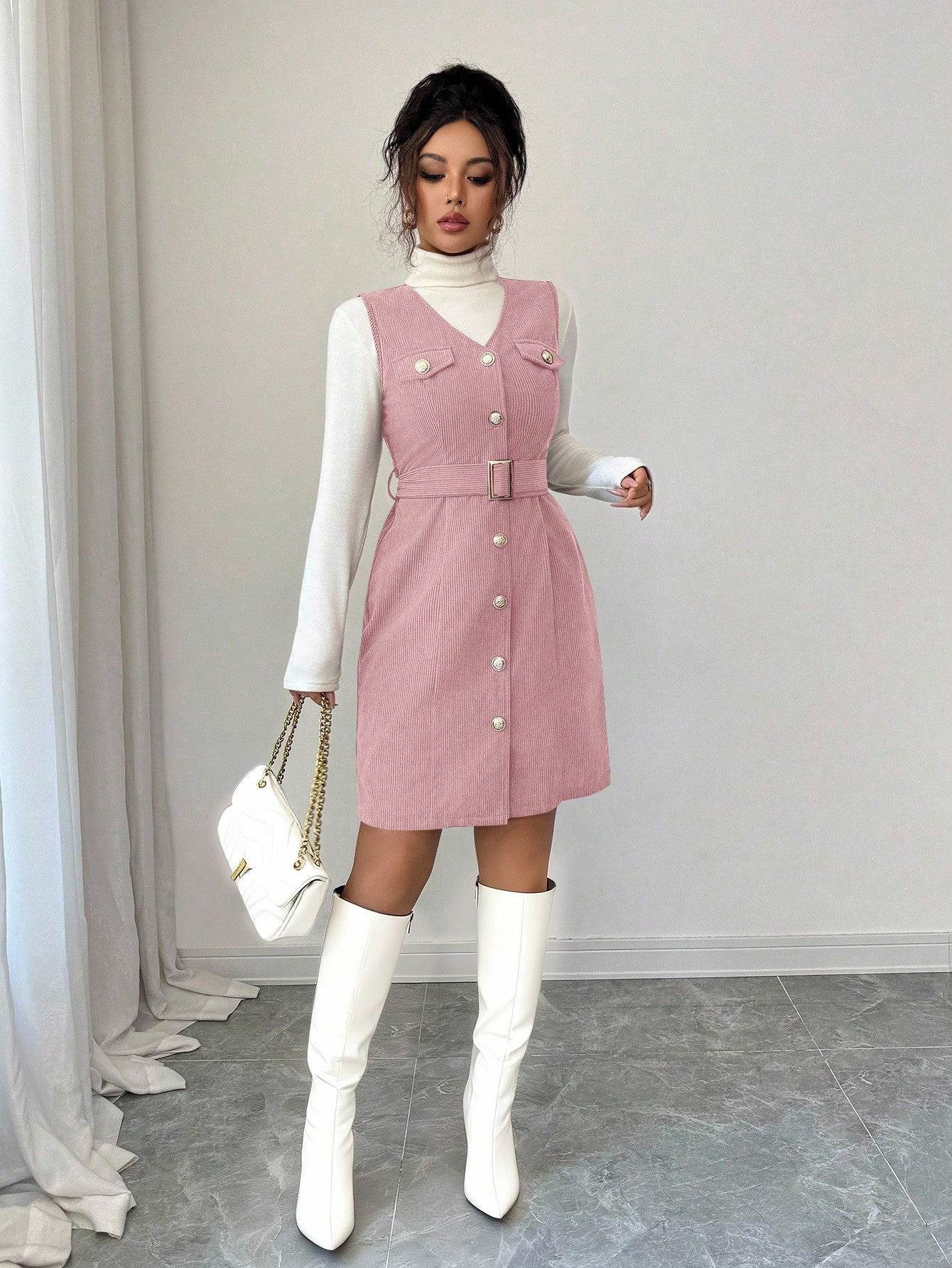 Women’s Textured Fabric Mini Dress, Sleeveless V-Neck Design with Button Detail, 1 Piece, For Daily Wear